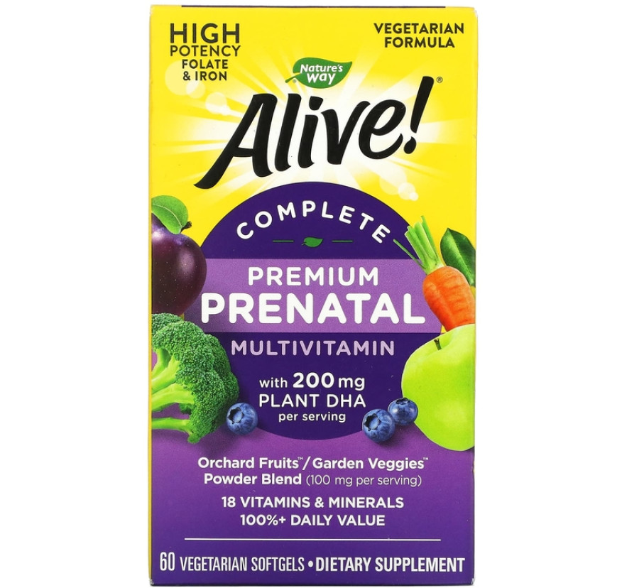 Nature's Way, Alive! полноценный мультивитаминный комплекс премиального качества для беременных, 200 мг, 60 вегетарианских мягких таблеток