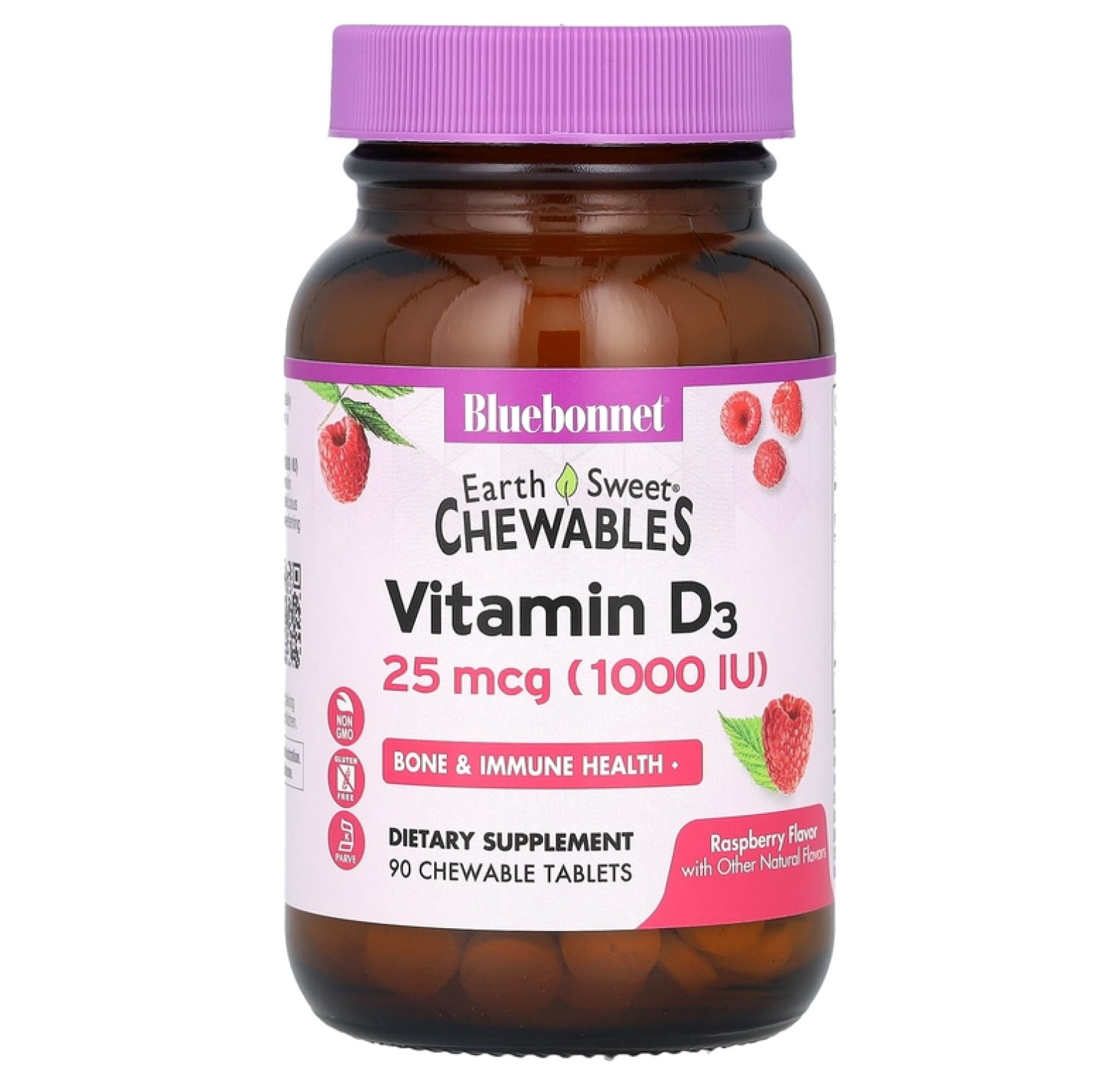 Bluebonnet Nutrition, EarthSweet Chewables, витамин D3, вкус малины, 25 мкг (1000 МЕ), 90 жевательных таблеток