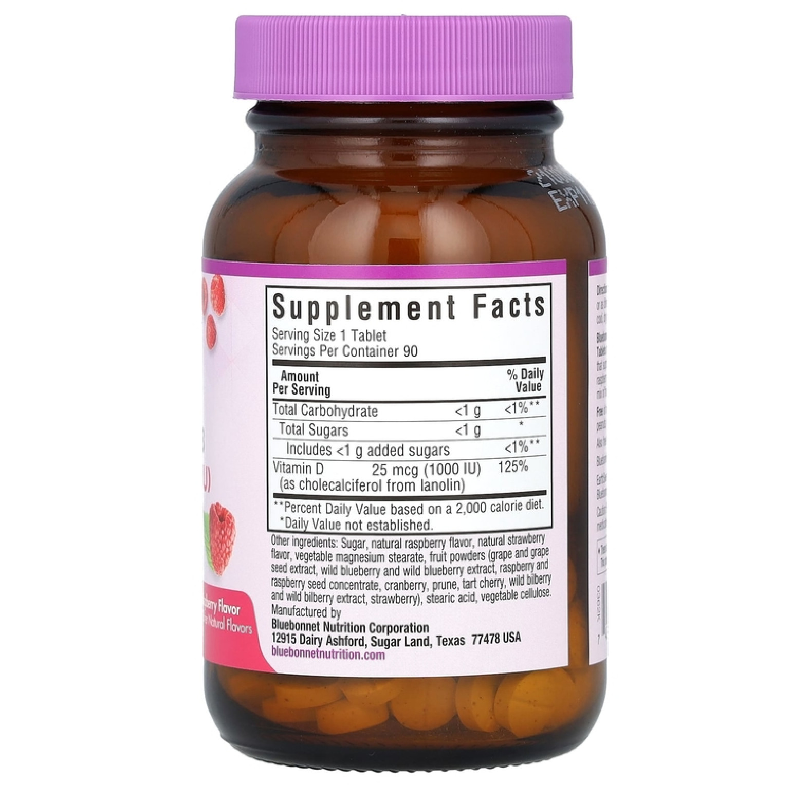 Bluebonnet Nutrition, EarthSweet Chewables, витамин D3, вкус малины, 25 мкг (1000 МЕ), 90 жевательных таблеток