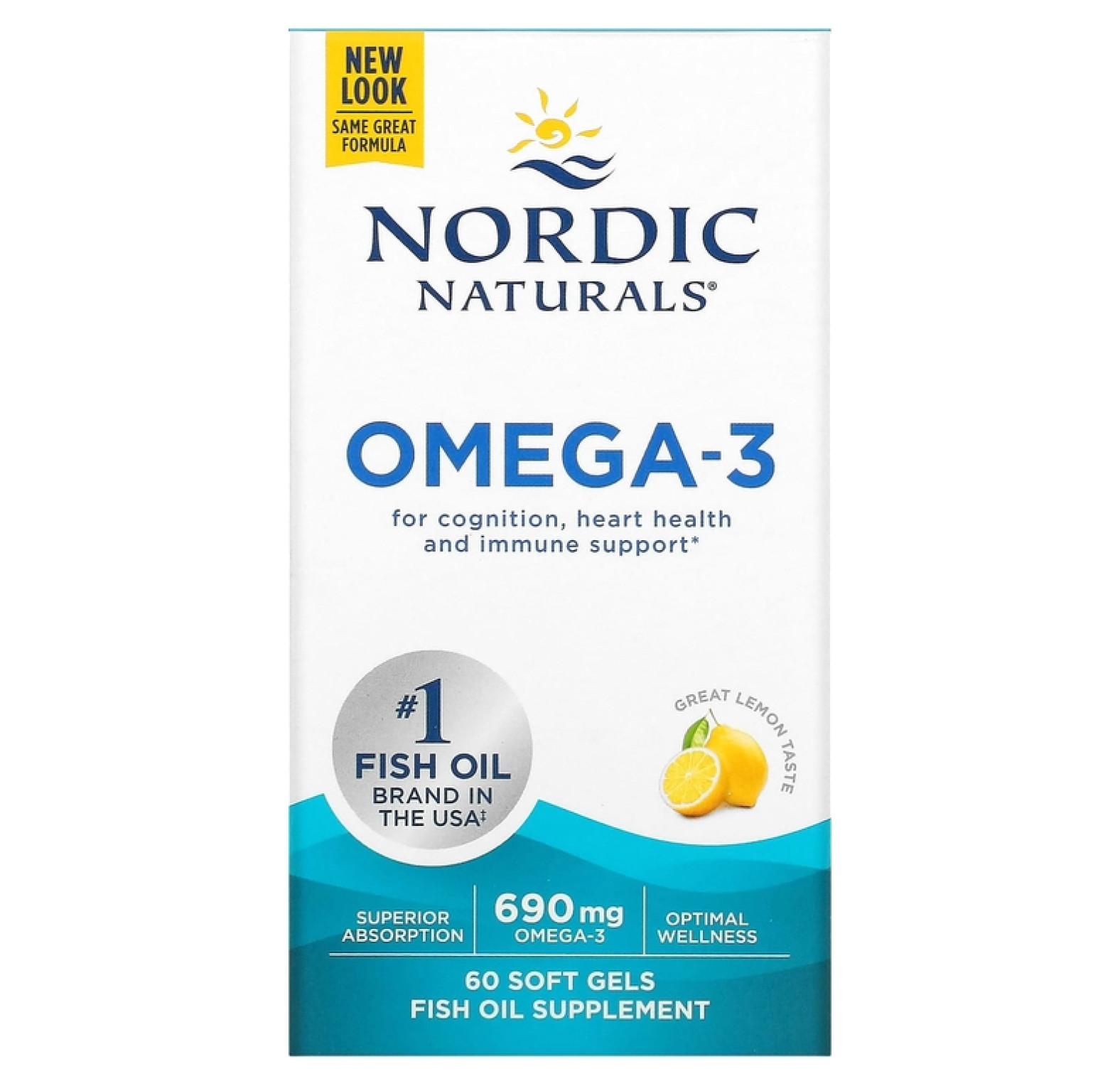 Nordic Naturals, омега-3, со вкусом лимона, 690 мг, 60 капсул (345 мг в 1 капсуле)