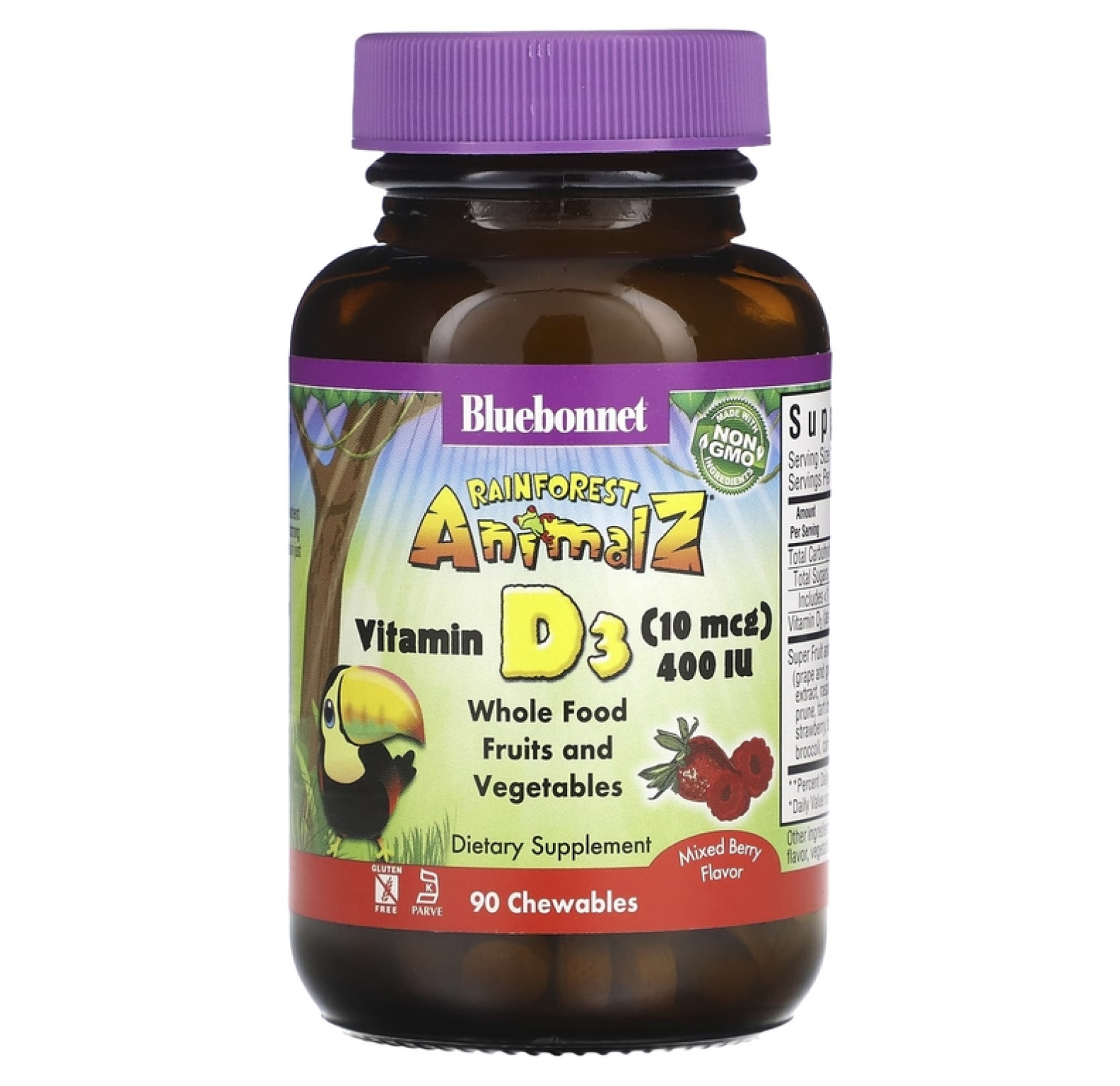 Bluebonnet Nutrition, Rainforest Animalz, витамин D3, вкус ягод, 400 МЕ, 90 жевательных таблеток