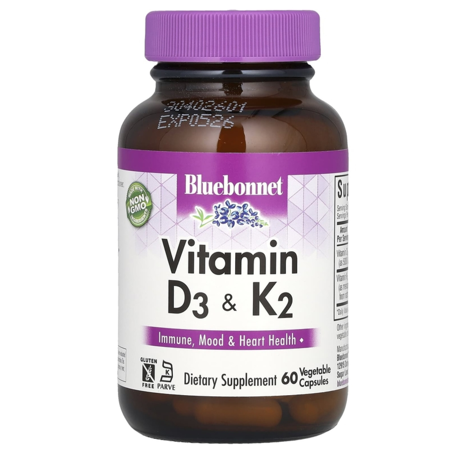 Bluebonnet Nutrition, витамины D3 и K2, 60 вегетарианских капсул