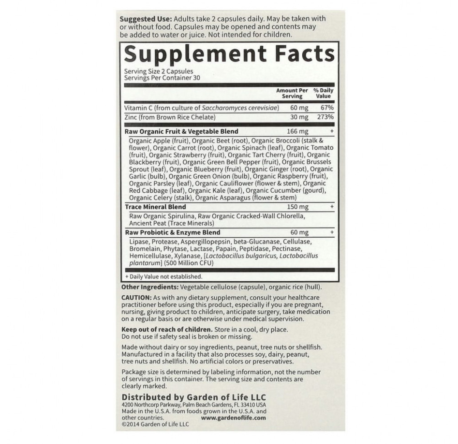 Garden of Life, Vitamin Code, RAW Zinc, 60 веганских капсул