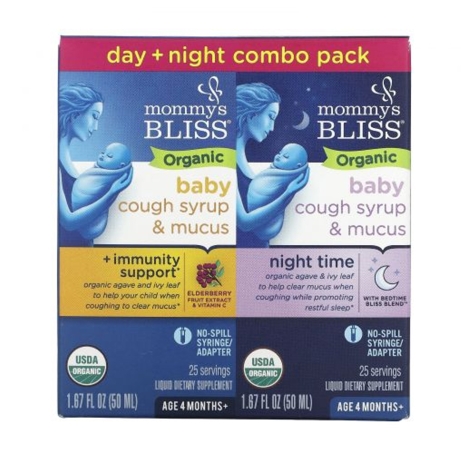 Mommy's Bliss, Для детей, органический сироп от кашля и слизь, дневная / ночная упаковка, для детей от 4 месяцев, 2 упаковки, 50 мл