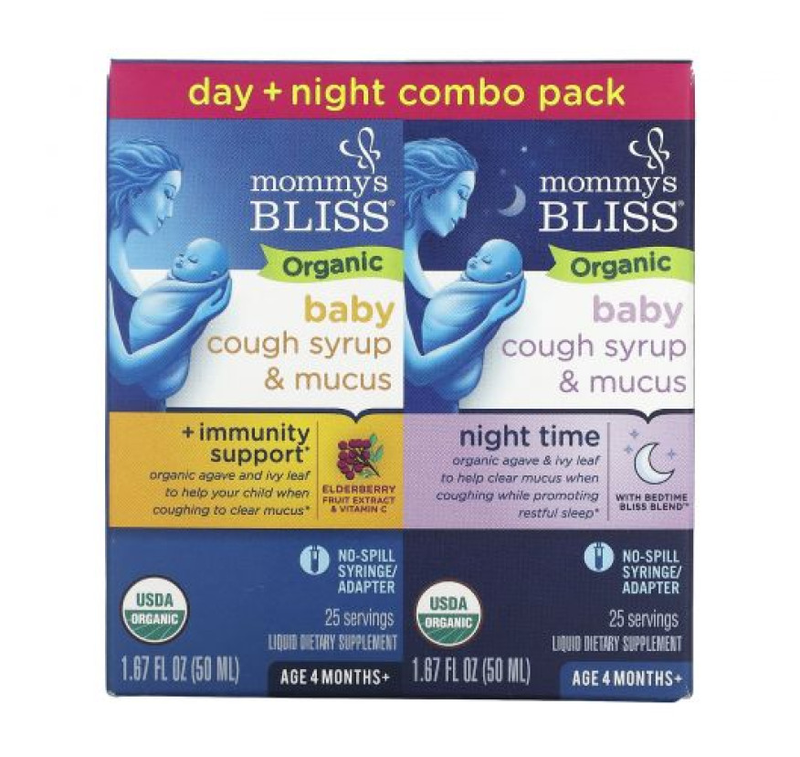 Mommy's Bliss, Для детей, органический сироп от кашля и слизь, дневная / ночная упаковка, для детей от 4 месяцев, 2 упаковки, 50 мл