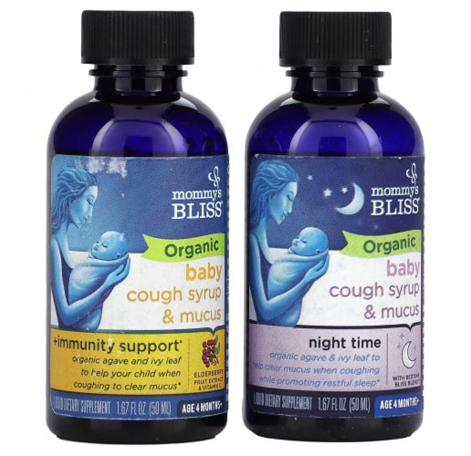 Mommy's Bliss, Для детей, органический сироп от кашля и слизь, дневная / ночная упаковка, для детей от 4 месяцев, 2 упаковки, 50 мл