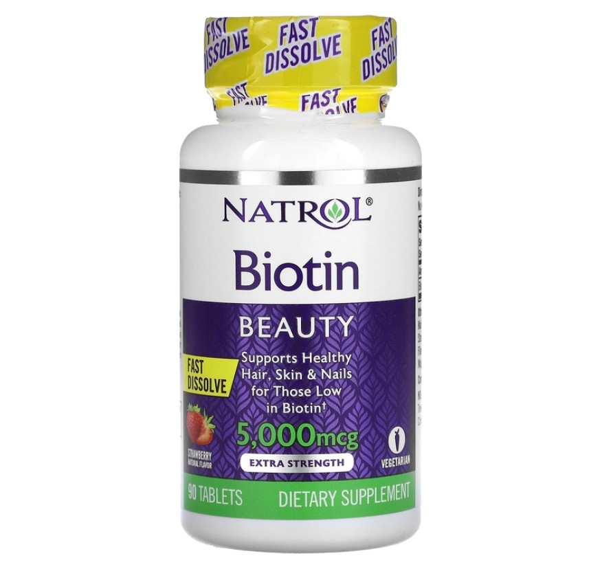 Natrol, Биотин, клубника, 5000 мкг, 90 таблеток