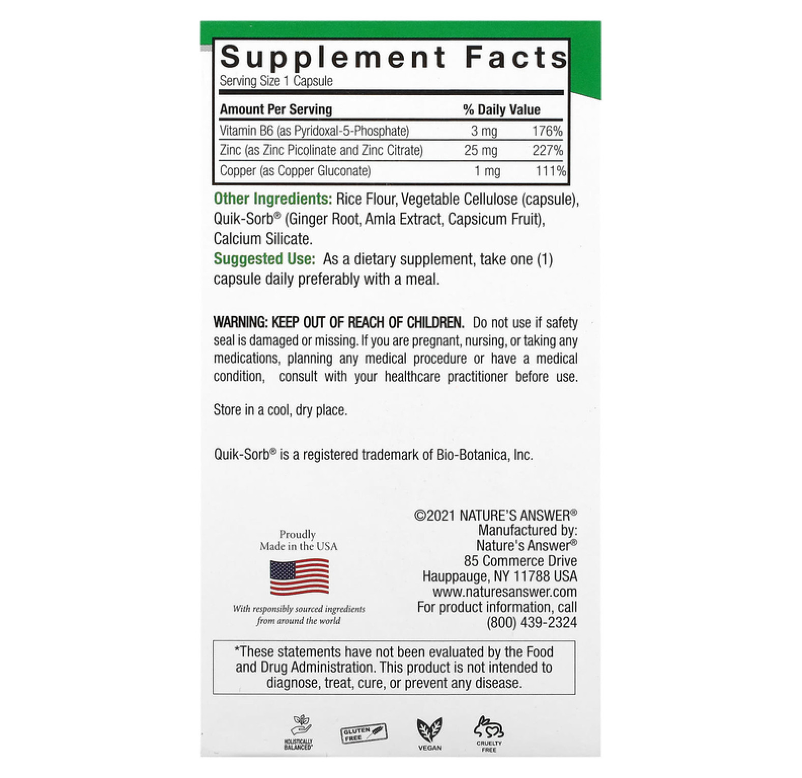 Nature's Answer, комплекс «Цинк Плюс», 25 мг, 60 вегетарианских капсул