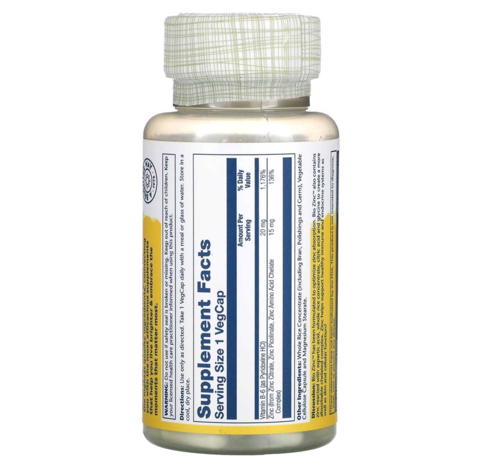 Solaray, Био Цинк, 15 мг, 100 растительных капсул