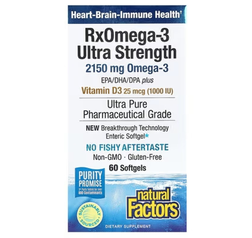 Natural Factors, RxOmega-3, повышенной силы действия с витамином D3, 60 мягких таблеток