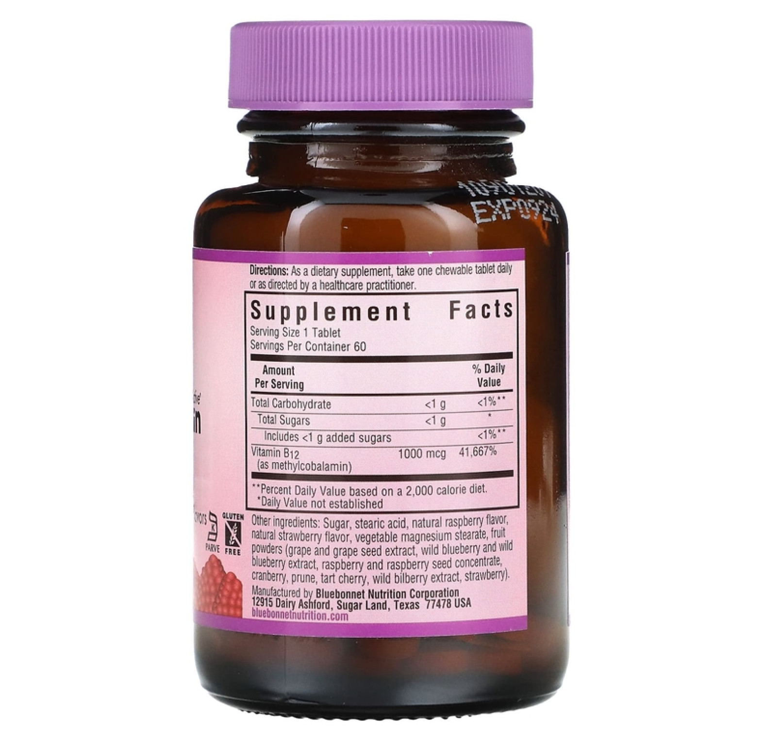 Bluebonnet Nutrition, EarthSweet, Метилкобаламин (витамин В12), вкус малины, 1000 мкг, 60 жевательных таблеток