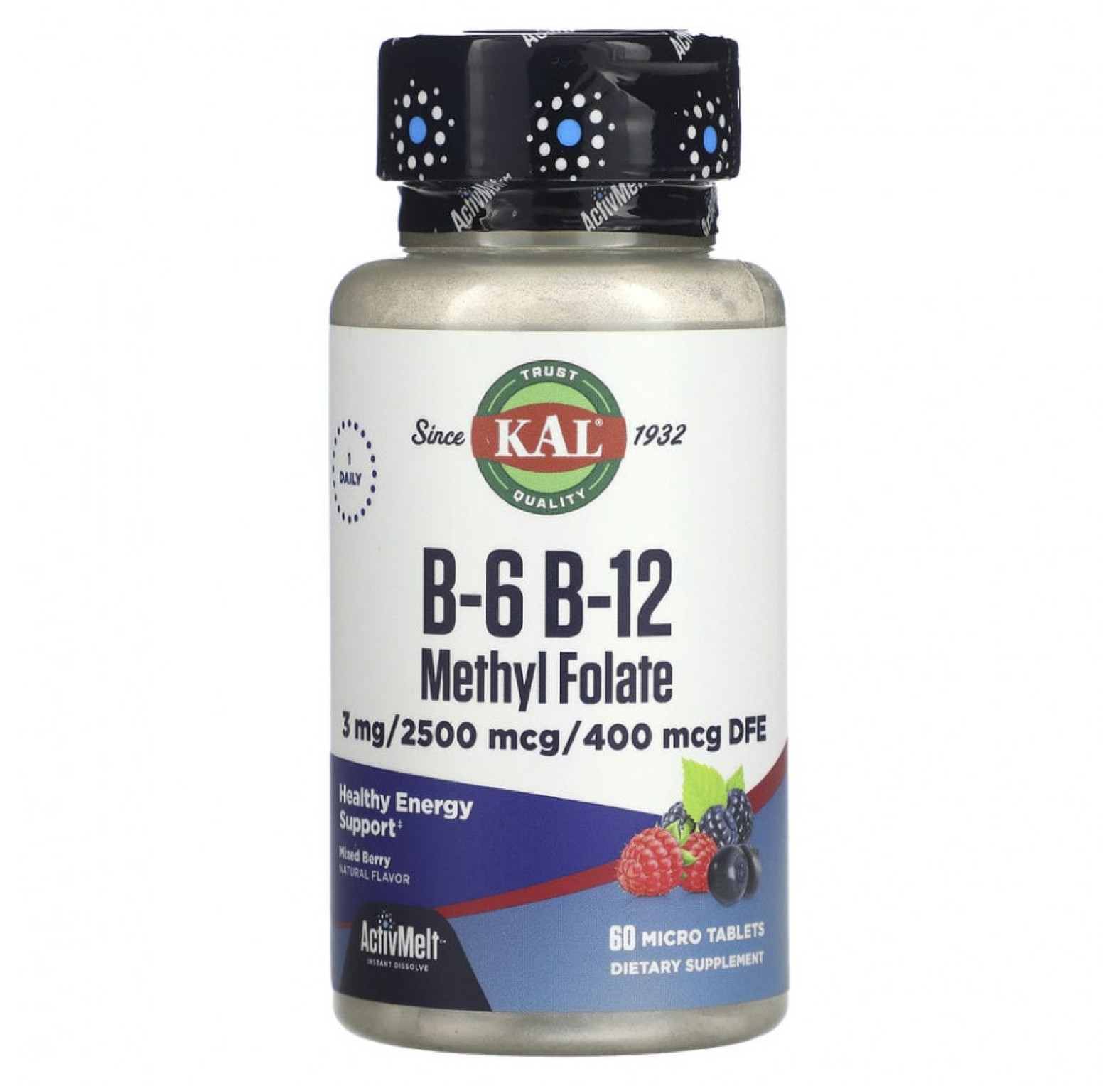 KAL, витамины В6, В12 и метилфолат, ягодное ассорти, 60 микротаблеток