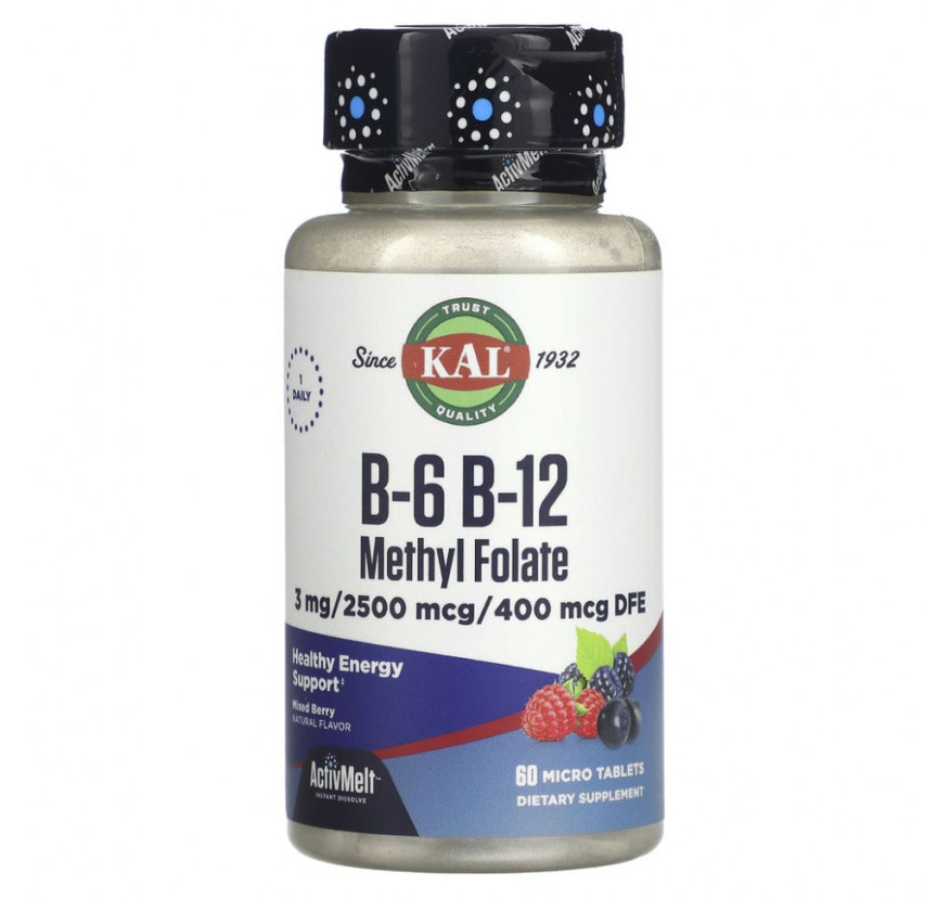 KAL, витамины В6, В12 и метилфолат, ягодное ассорти, 60 микротаблеток