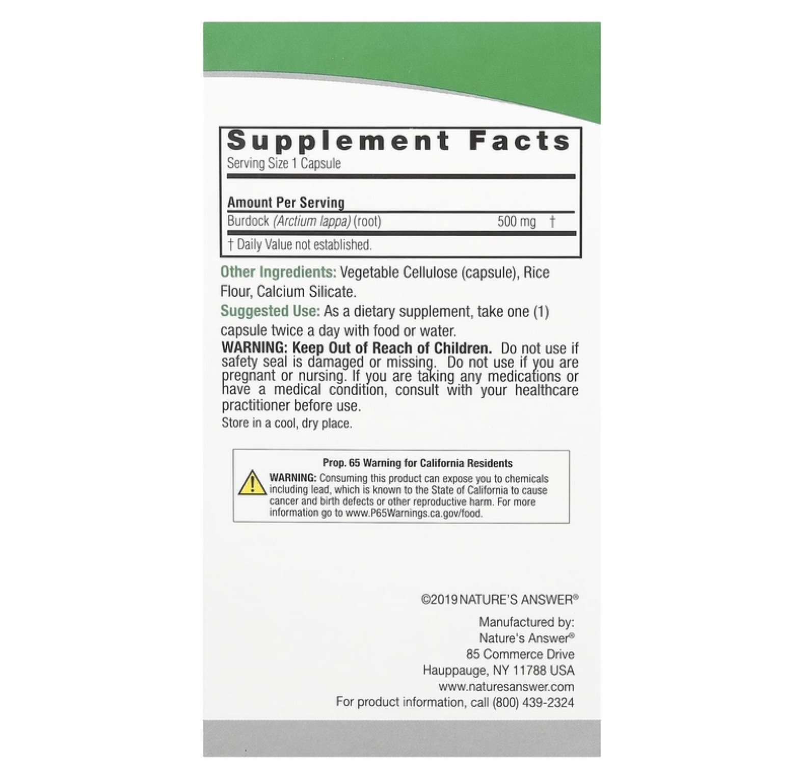 Nature's Answer, Лопух, трава полного спектра, 500 мг, 90 вегетарианских капсул