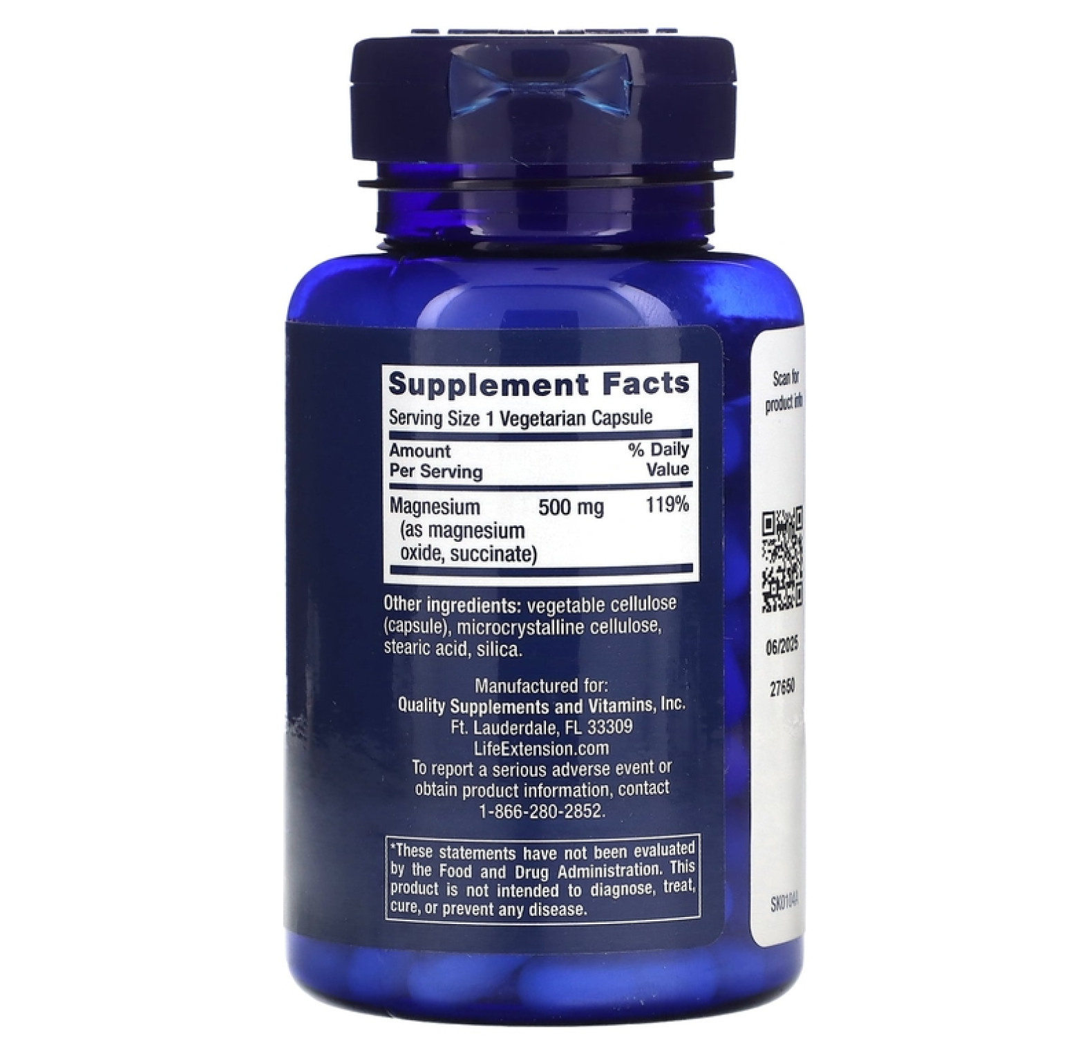 Life Extension, Магний в капсулах, 500 мг, 100 вегетарианских капсул