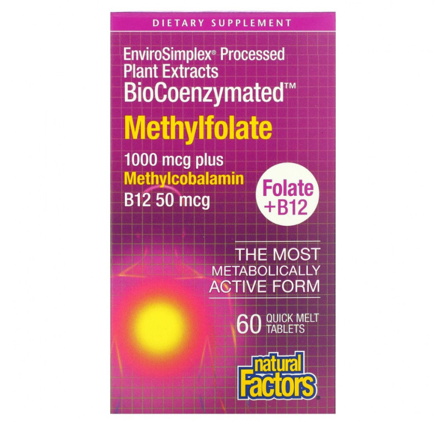 Natural Factors, BioCoenzymated, метилфолат, 1000 мкг, 60 быстрорастворимых таблеток
