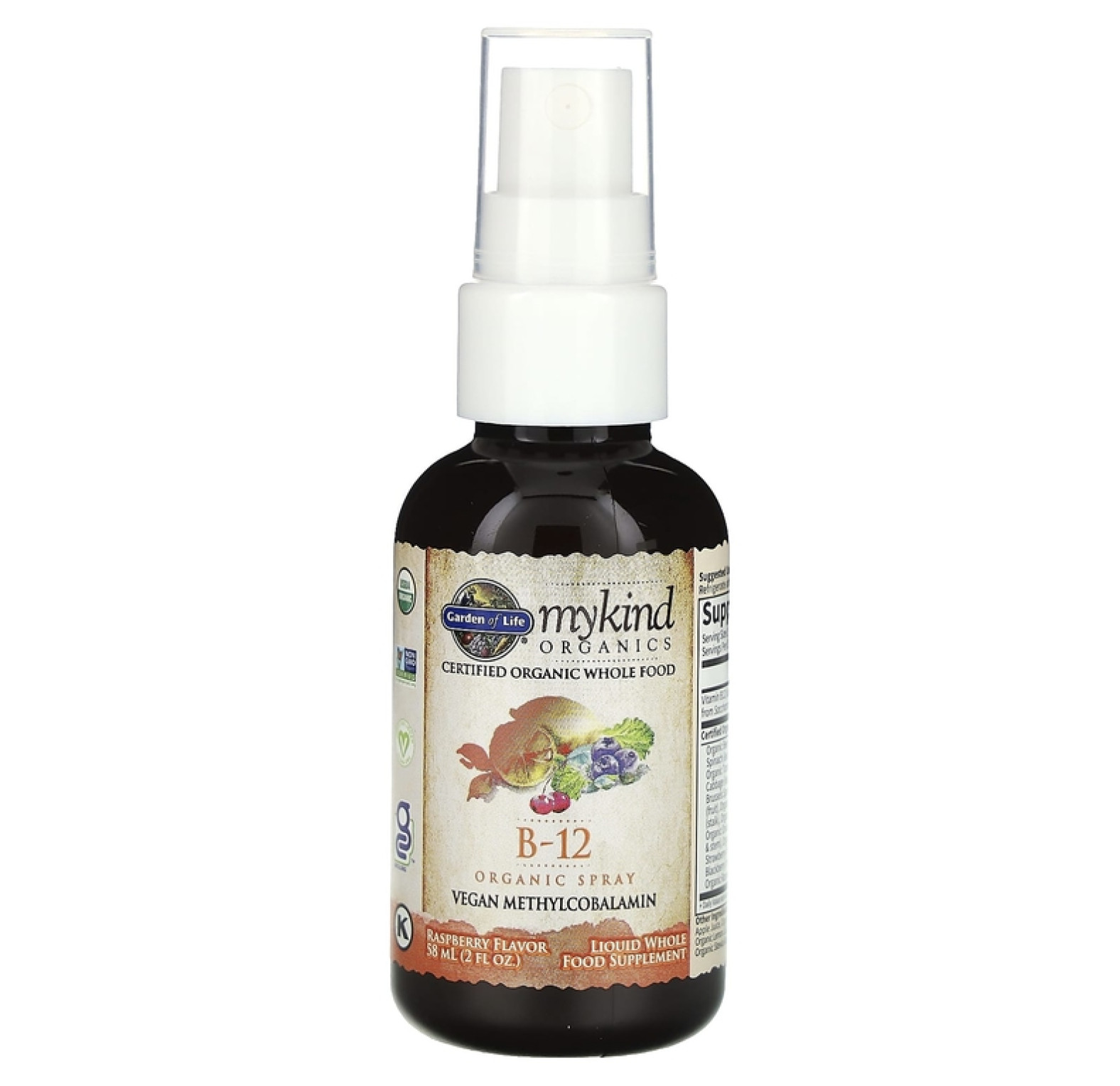 Garden of Life, MyKind Organics, органический спрей с витамином B12, со вкусом малины, 58 мл