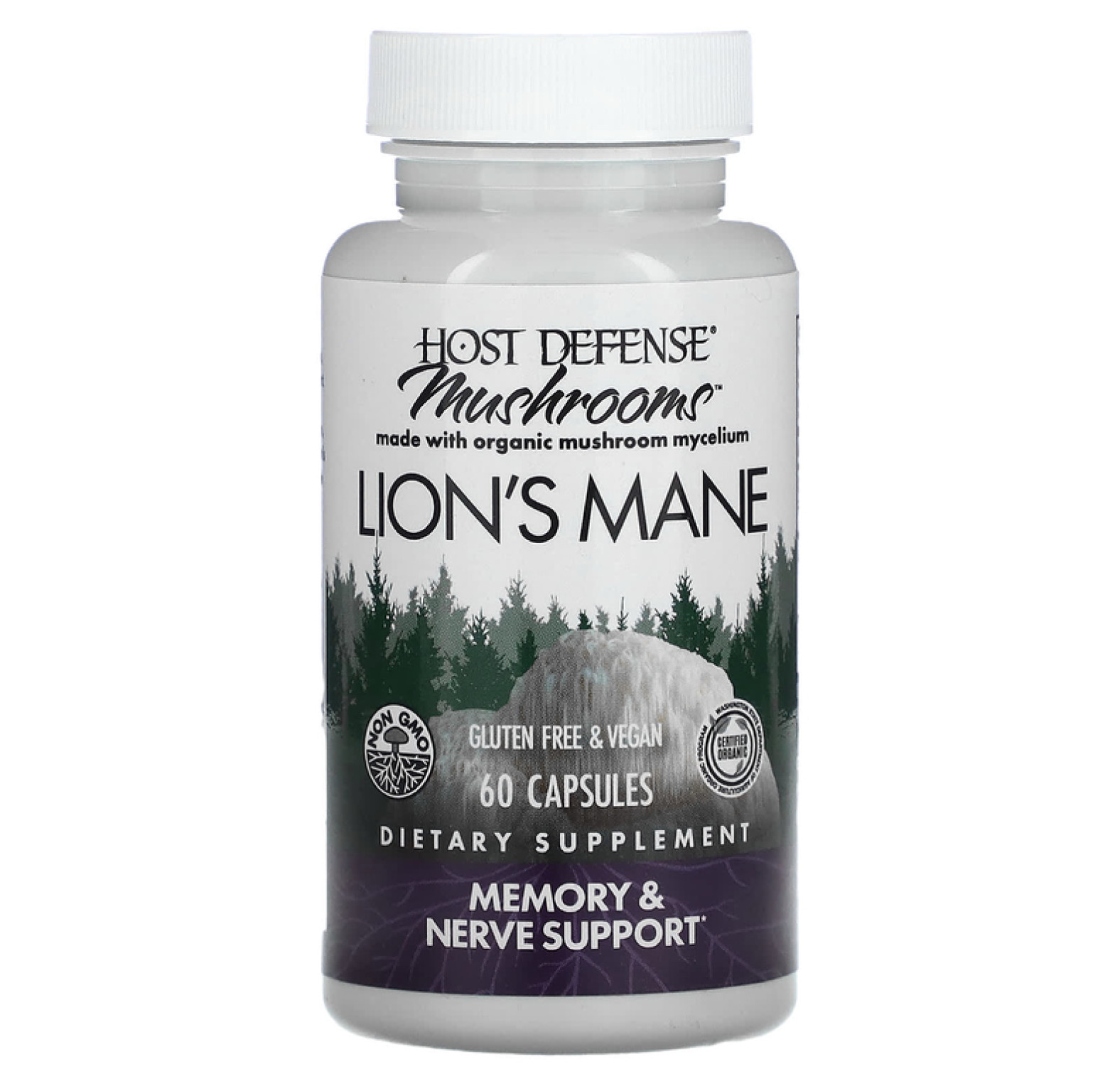 Fungi Perfecti, Host Defense, ежовик гребенчатый, поддержка памяти и нервной системы, 60 вегетарианских капсул