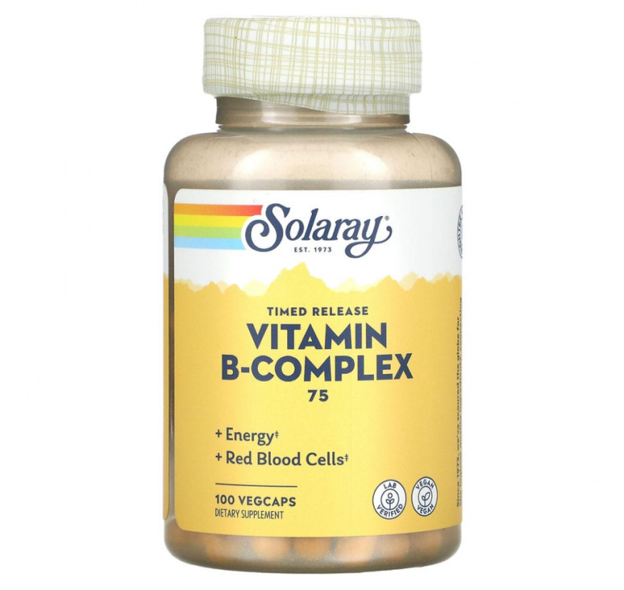 Solaray, B-Complex 75, комплекс с витаминами группы B медленного высвобождения, 100 вегетарианских капсул