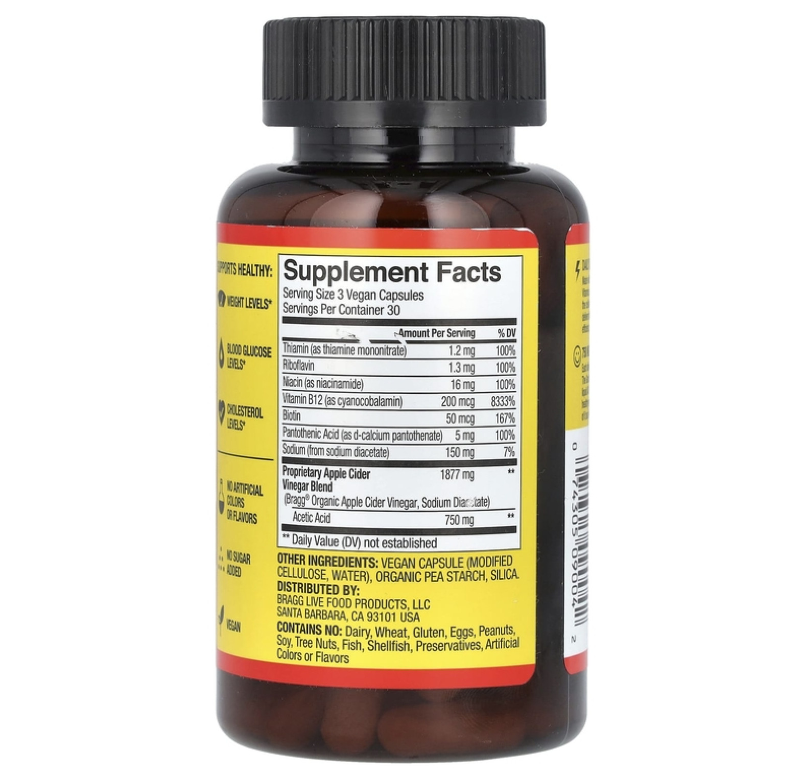 Bragg, True Energy, яблочный уксус, 6 витаминов группы B, без кофеина, 90 капсул