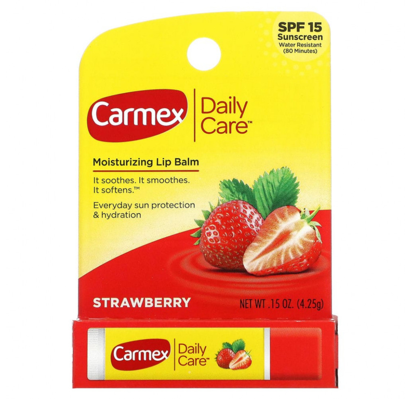 Carmex, Daily Care, увлажняющий бальзам для губ, клубника, SPF 15, набор 2 шт. по 4,25 г.
