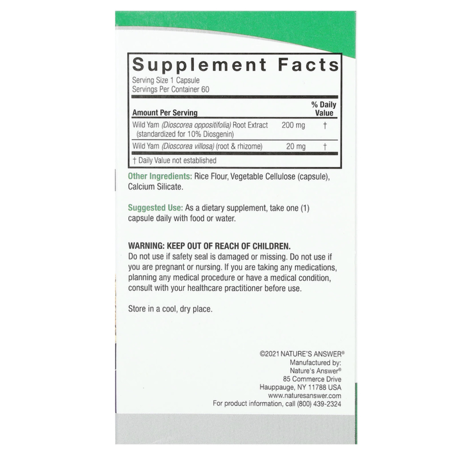 Nature's Answer, Дикий ямс, 220 мг, 60 вегетарианских капсул
