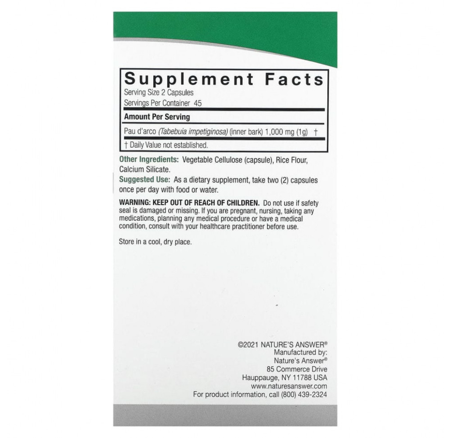 Nature's Answer, кора муравьиного дерева, 1000 мг, 90 вегетарианских капсул (500 мг в 1 капсуле)