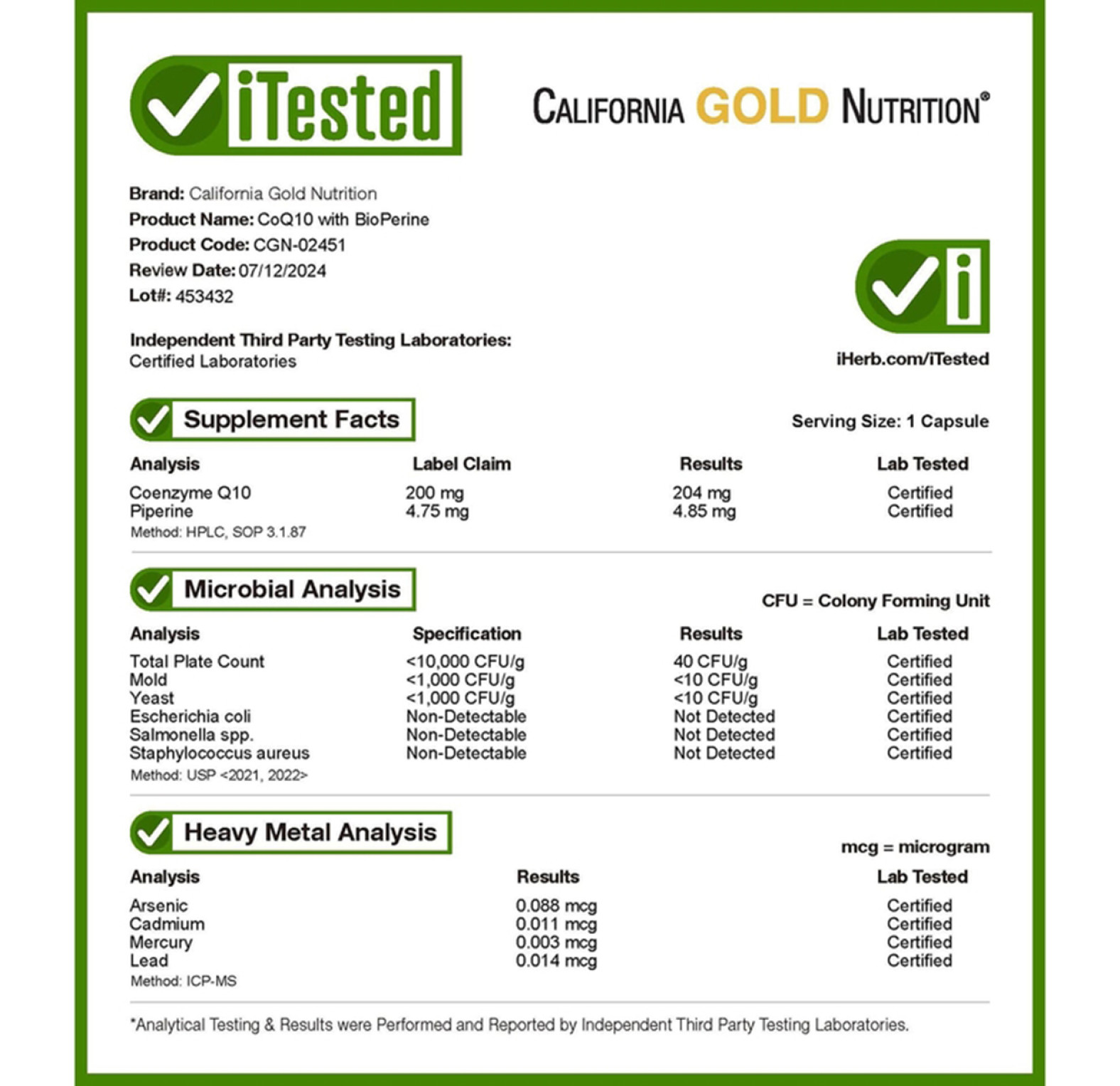 California Gold Nutrition, Коэнзим Q10 с Bioperine, 200 мг, 120 растительных капсул 
