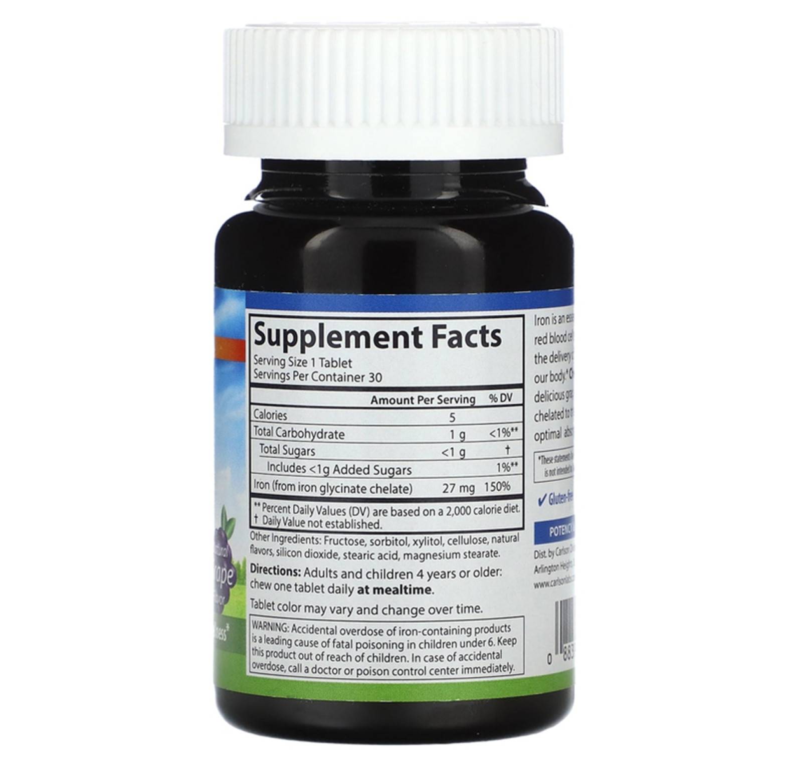 Carlson, Железо, натуральный виноград, 27 мг, 30 жевательных таблеток