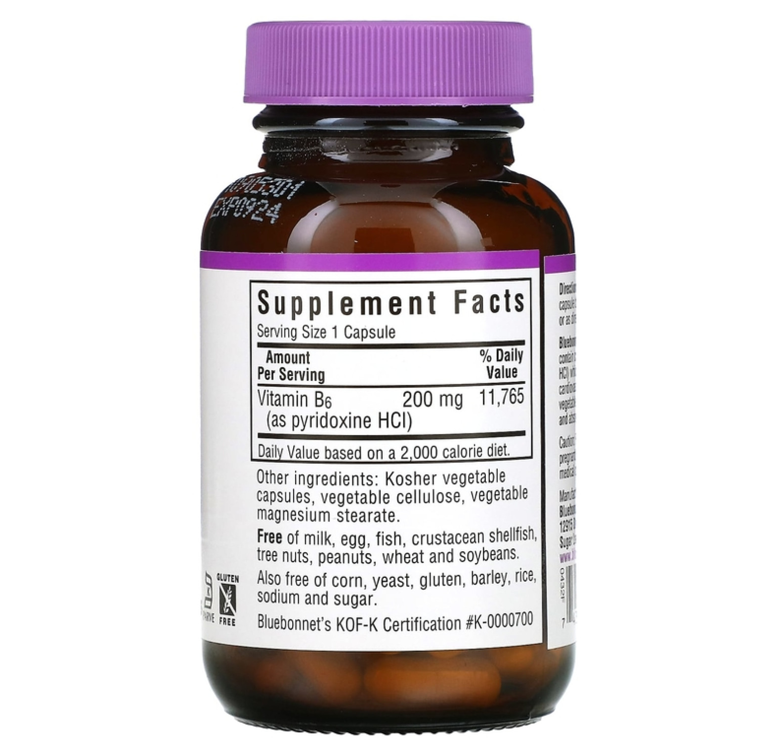 Bluebonnet Nutrition, витамин В6, 200 мг, 90 растительных капсул