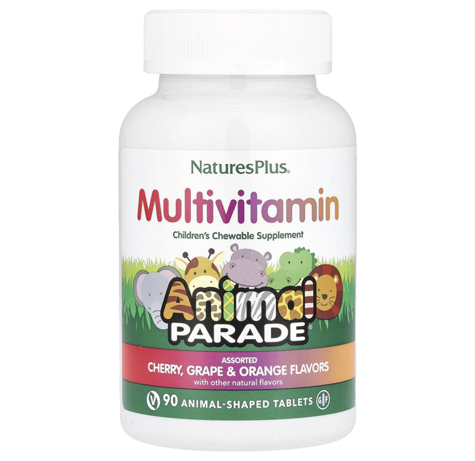NaturesPlus, Animal Parade, мультивитаминная добавка для детей, жевательная добавка, вишня, виноград и апельсин, 90 таблеток в форме животных