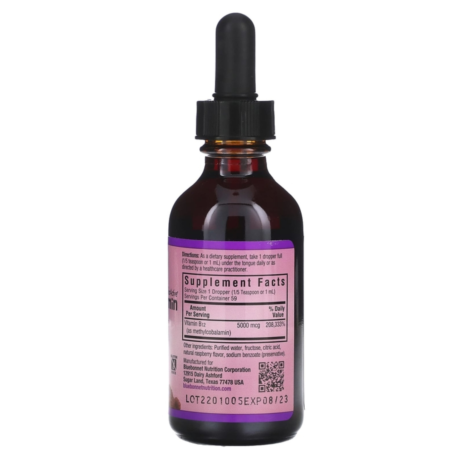 Bluebonnet Nutrition, CellularActive, витамин B12 (метилкобаламин), малина, 5000 мкг, 59 мл