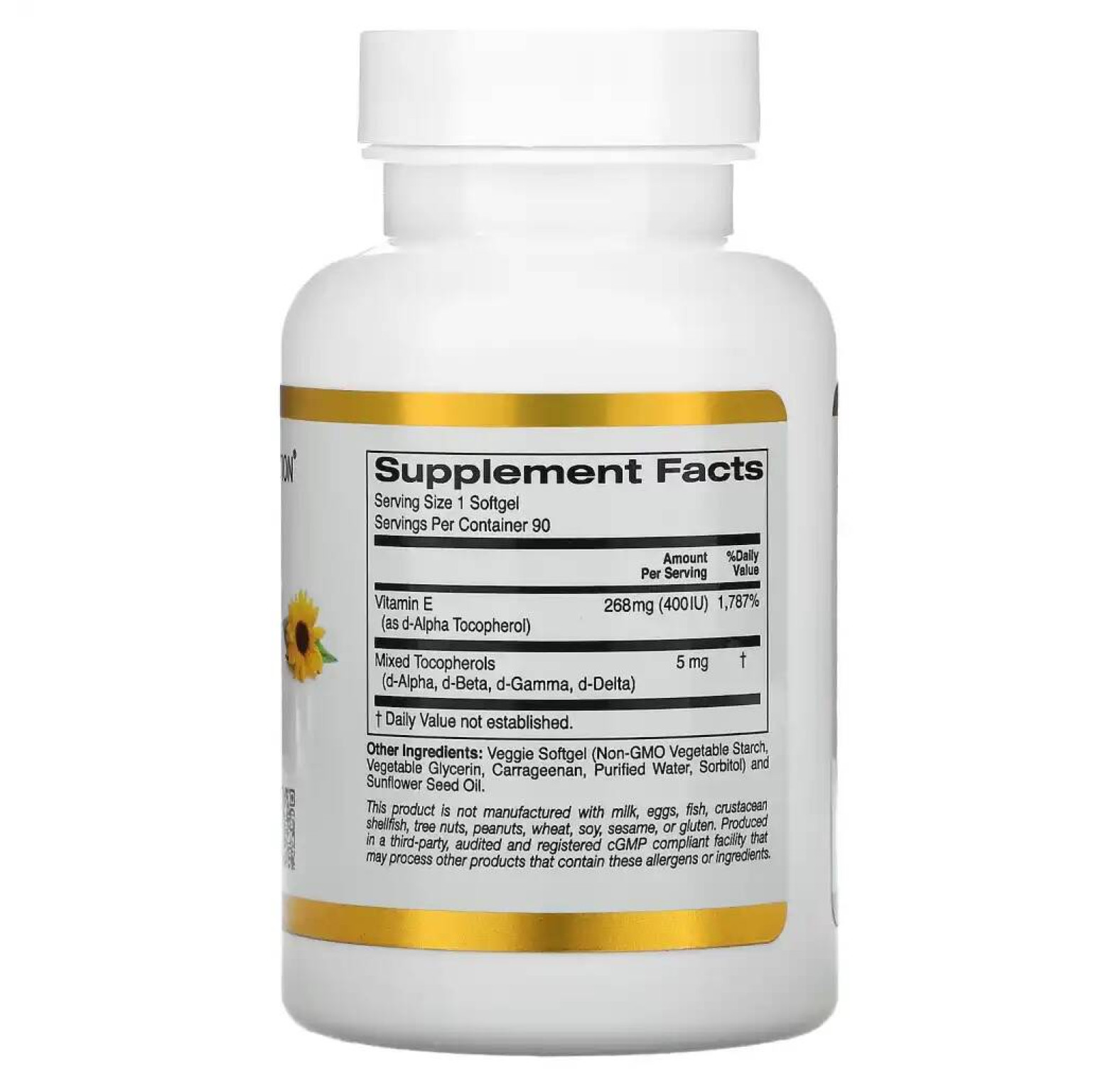 California Gold Nutrition, Витамин E из подсолнечника со смешанными токоферолами, 400 МЕ, 90 растительных мягких таблеток