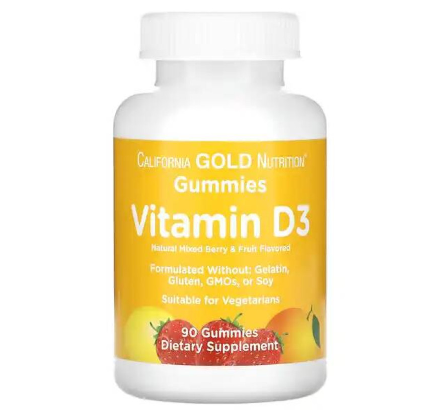 California Gold Nutrition, витамин D3, без желатина и глютена, вкус фруктов и ягод, 25 мкг (1000 МЕ), 90 жевательных таблеток
