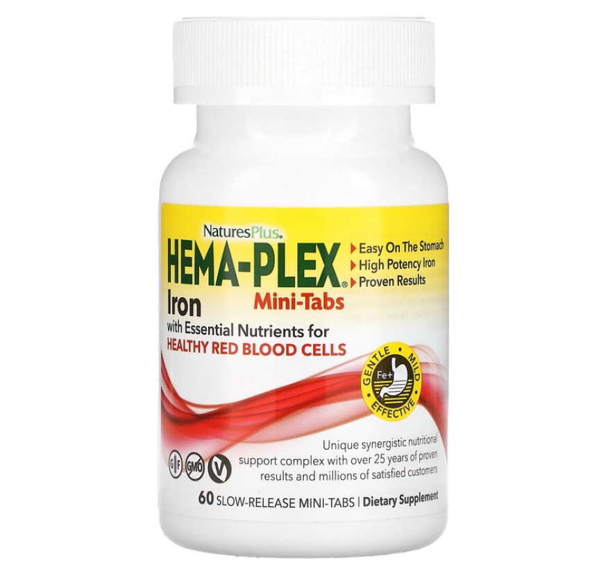 NaturesPlus, Hema-Plex, железо с незаменимыми питательными веществами для здоровых эритроцитов, 60 мини-таблеток с медленным высвобождением