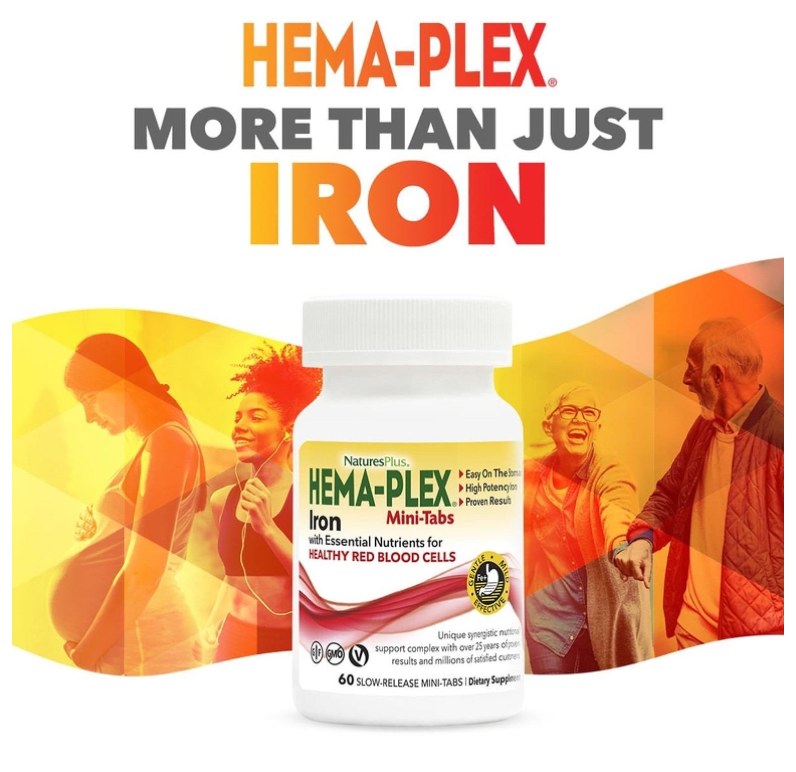NaturesPlus, Hema-Plex, железо с незаменимыми питательными веществами для здоровых эритроцитов, 60 мини-таблеток с медленным высвобождением