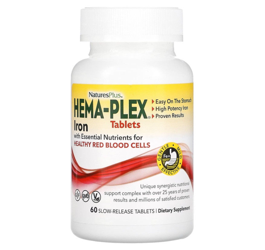 NaturesPlus, Hema-Plex, железо с незаменимыми питательными веществами для здоровых эритроцитов, 60 таблеток с медленным высвобождением