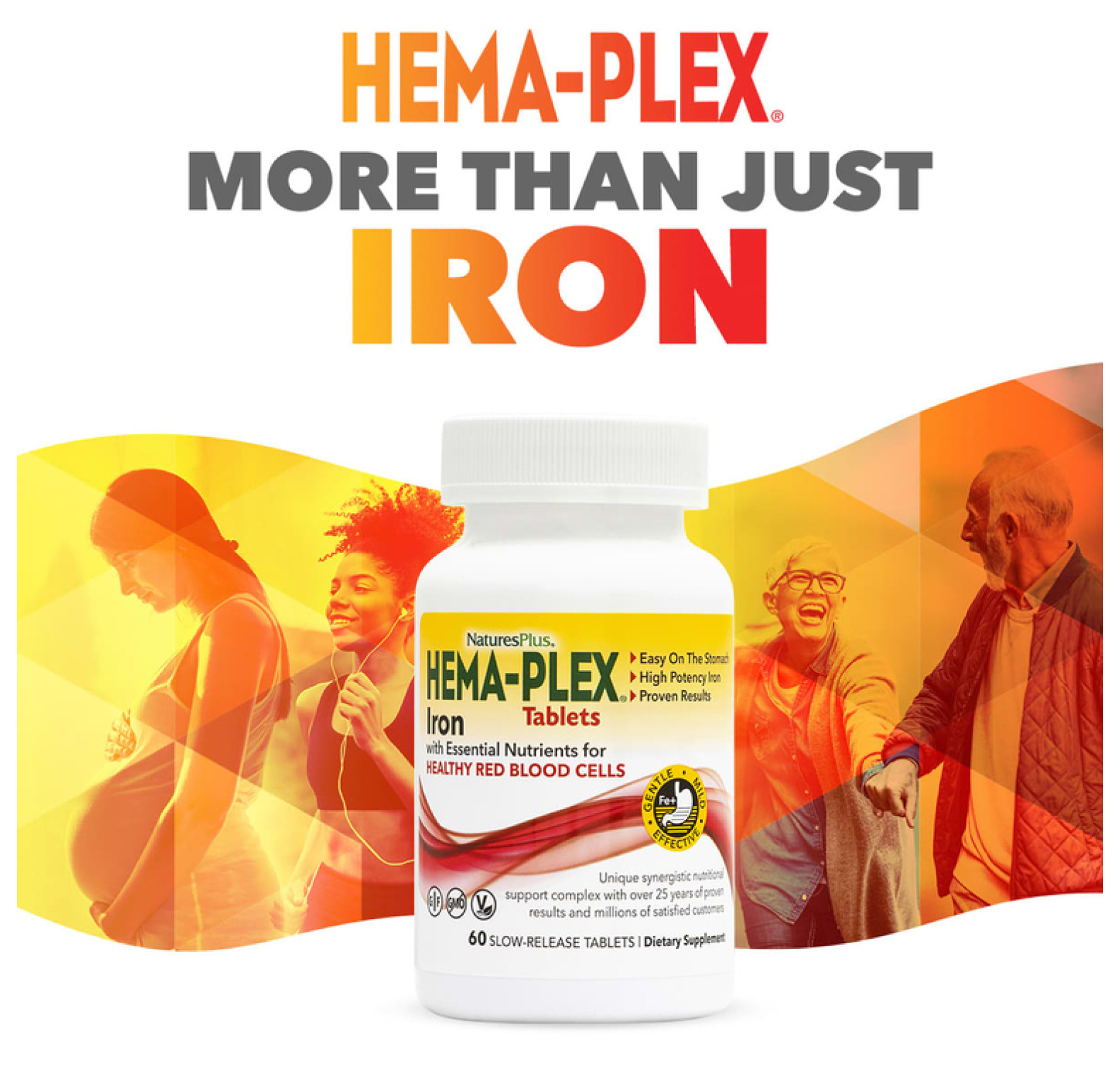 NaturesPlus, Hema-Plex, железо с незаменимыми питательными веществами для здоровых эритроцитов, 60 таблеток с медленным высвобождением