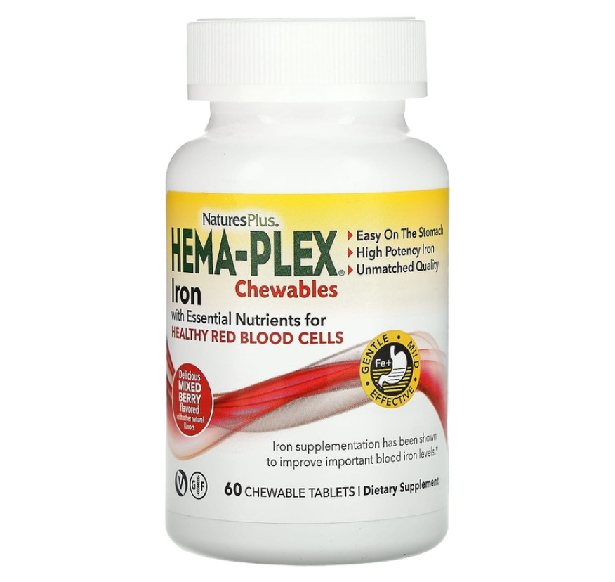 NaturesPlus, Hema-Plex, жевательная добавка с железом, с ягодным вкусом, 60 жевательных таблеток