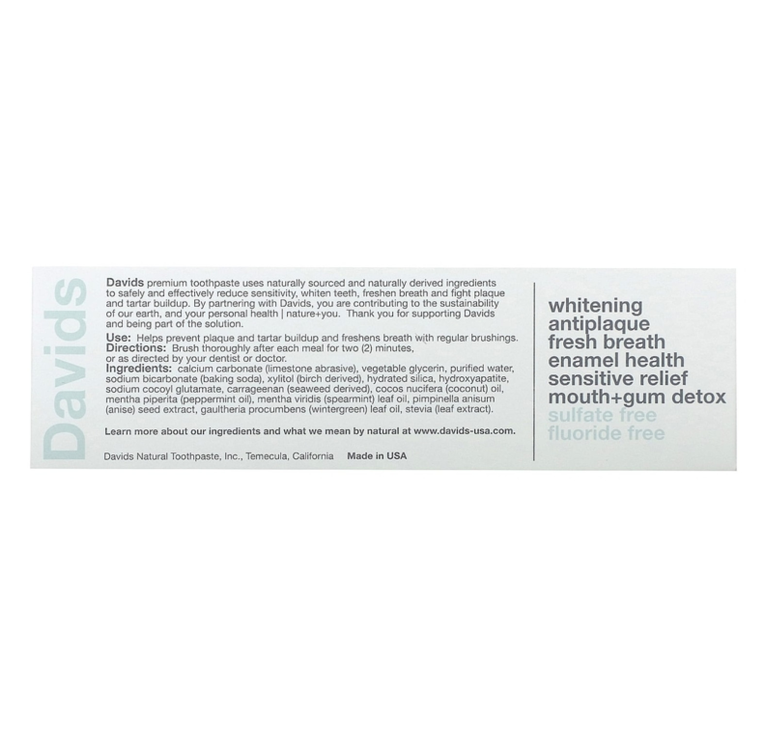 Davids, Premium Toothpaste, Sensitive + Whitening, натуральная перечная мята, 50 г