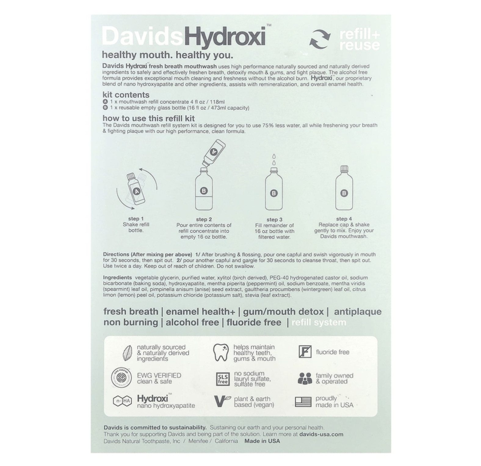 Davids, Refill Kit, жидкость для полоскания рта Fresh Breath, без спирта, натуральная свежая мята, 2 шт.