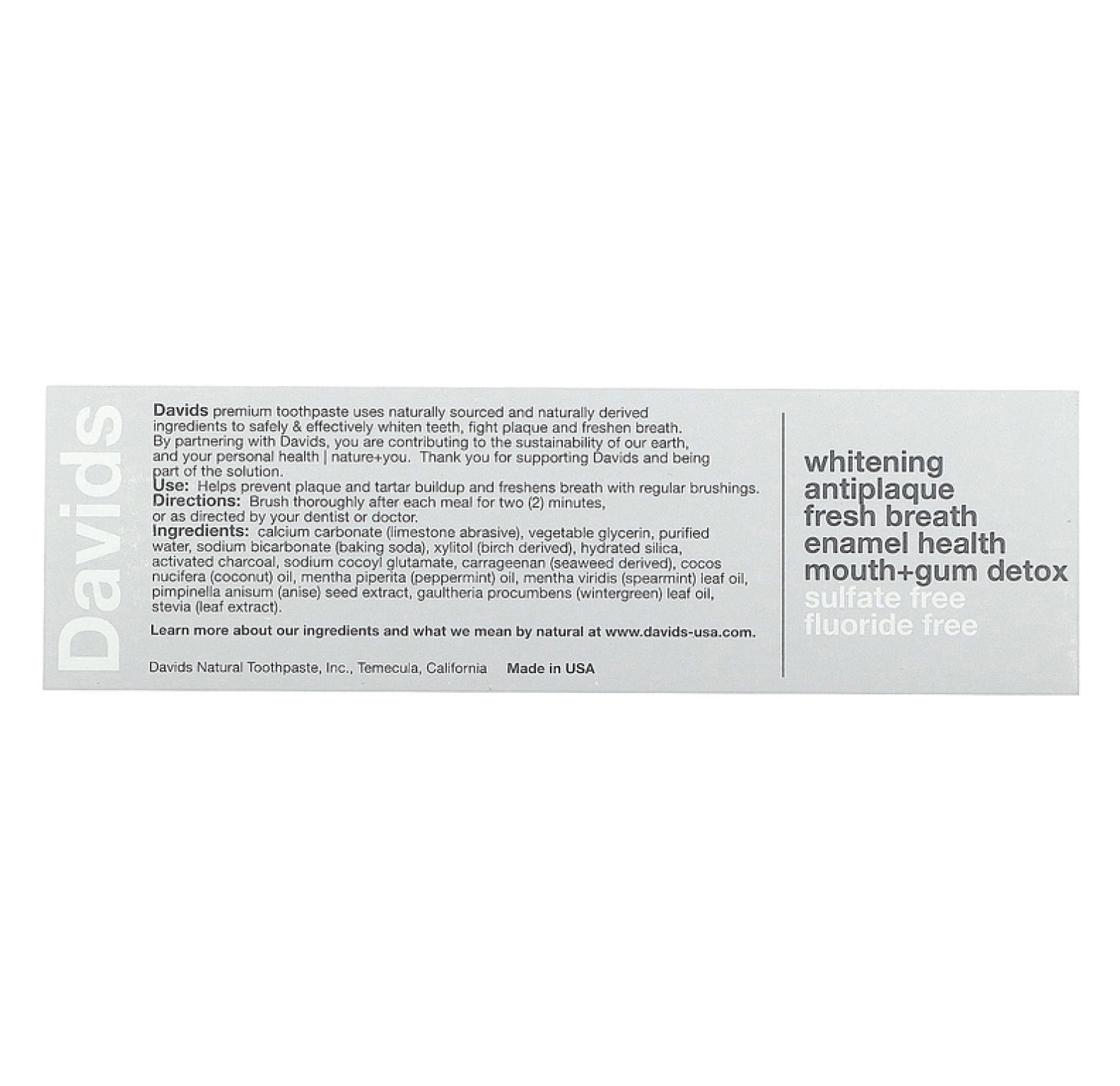 Davids, Премиальная зубная паста, отбеливающая + защита от зубного налета, натуральная мята + древесный уголь, 50 г