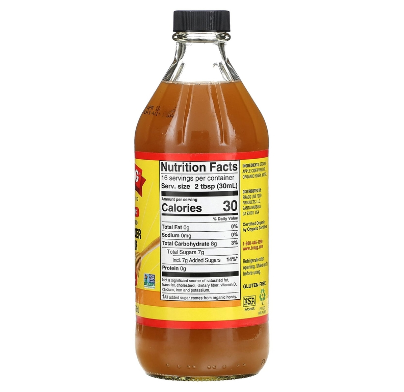 Bragg, Органический нефильтрованный яблочный уксус, мед, 473 мл