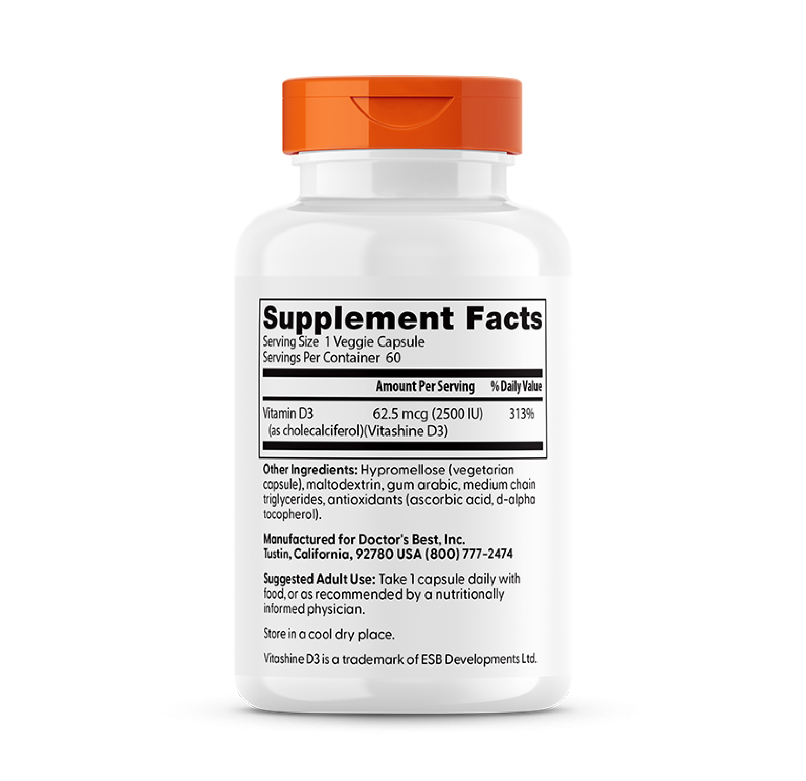 Doctor's Best, витамин D3 с Vitashine D3, 2500 МЕ, 60 вегетарианских капсул
