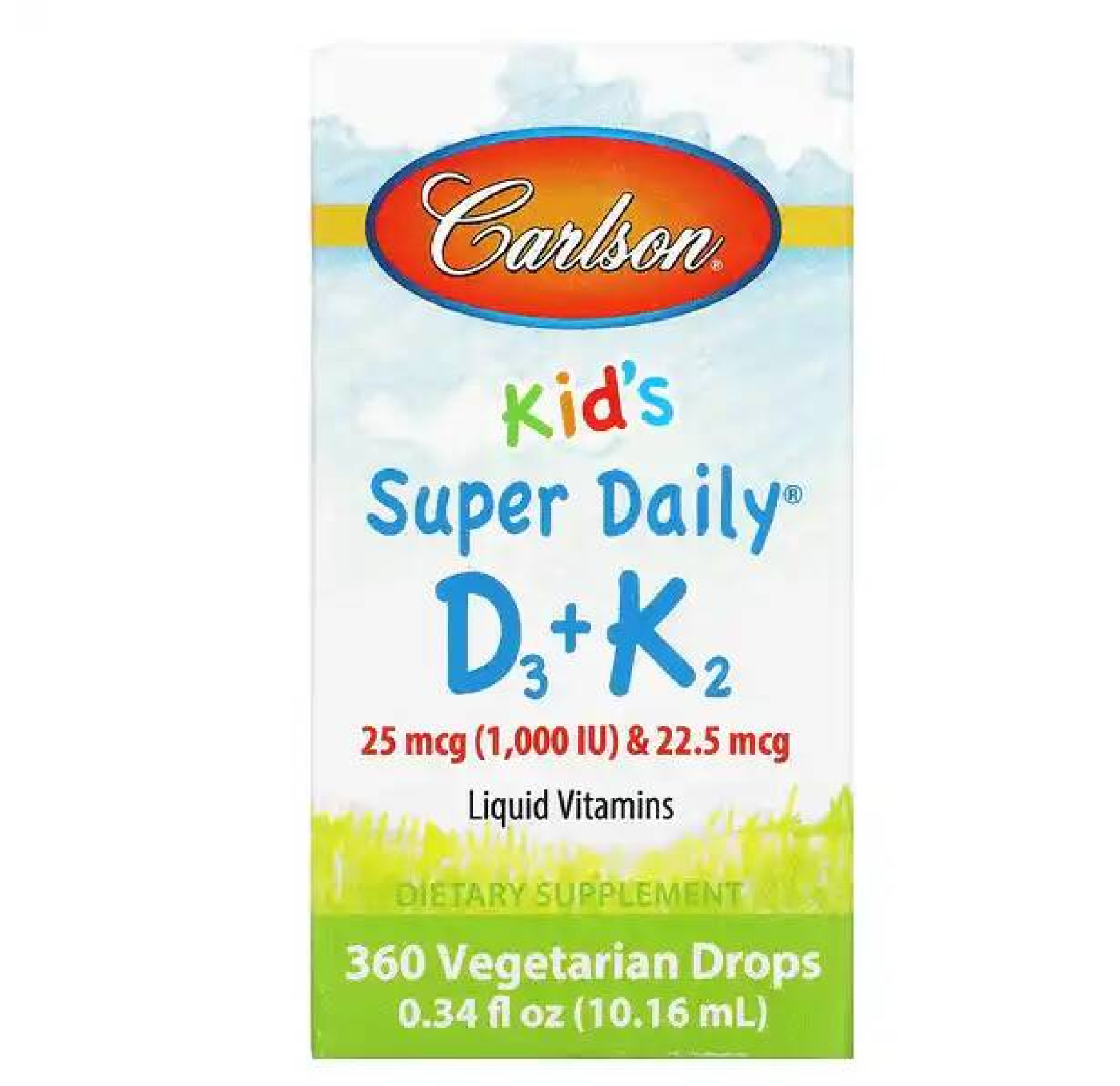 Carlson, Super Daily D3+K2 для детей, 25 мкг (1000 МЕ) и 22,5 мкг, 10,16 мл