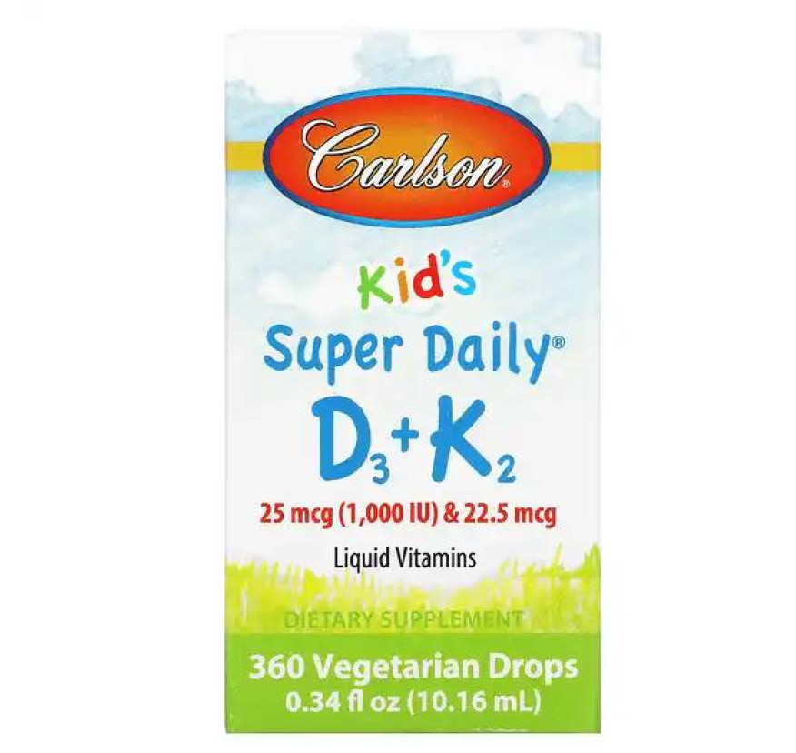 Carlson, Super Daily D3+K2 для детей, 25 мкг (1000 МЕ) и 22,5 мкг, 10,16 мл