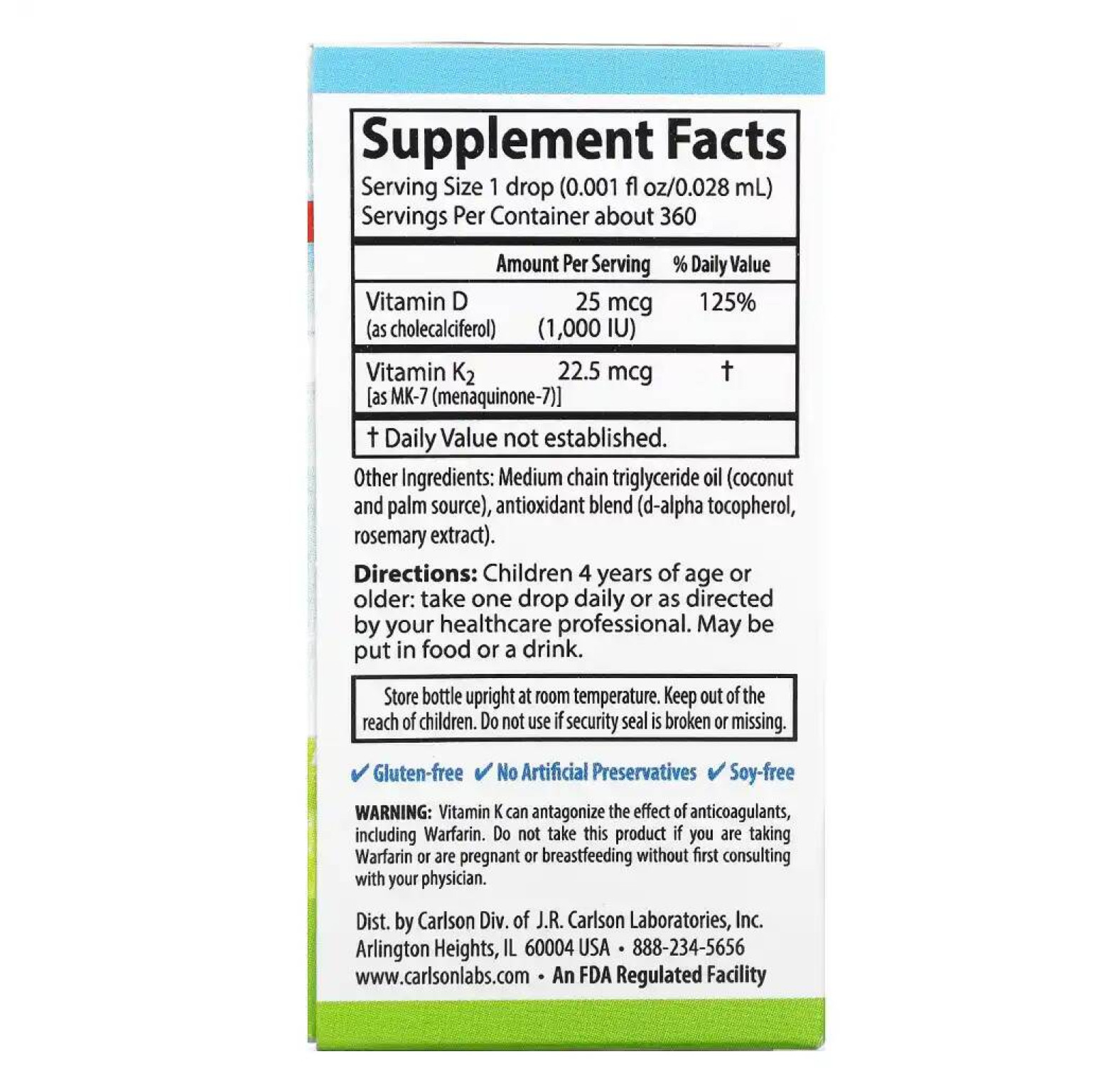 Carlson, Super Daily D3+K2 для детей, 25 мкг (1000 МЕ) и 22,5 мкг, 10,16 мл