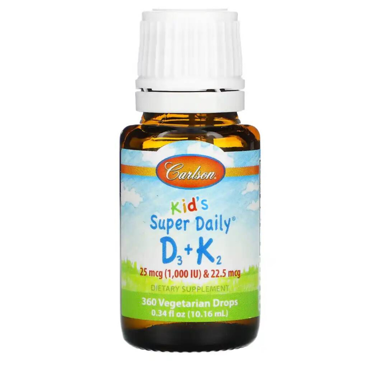 Carlson, Super Daily D3+K2 для детей, 25 мкг (1000 МЕ) и 22,5 мкг, 10,16 мл