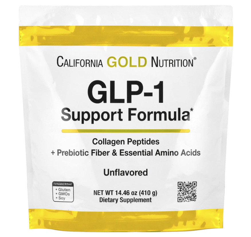 California Gold Nutrition, добавка для поддержания уровня ГПП-1 с пептидами гидролизованного морского коллагена, смесью пребиотической клетковины, устойчивой к расщеплению, и смесью незаменимых аминокислот, обогащённой лейцином, с нейтральным вкусом, 410 