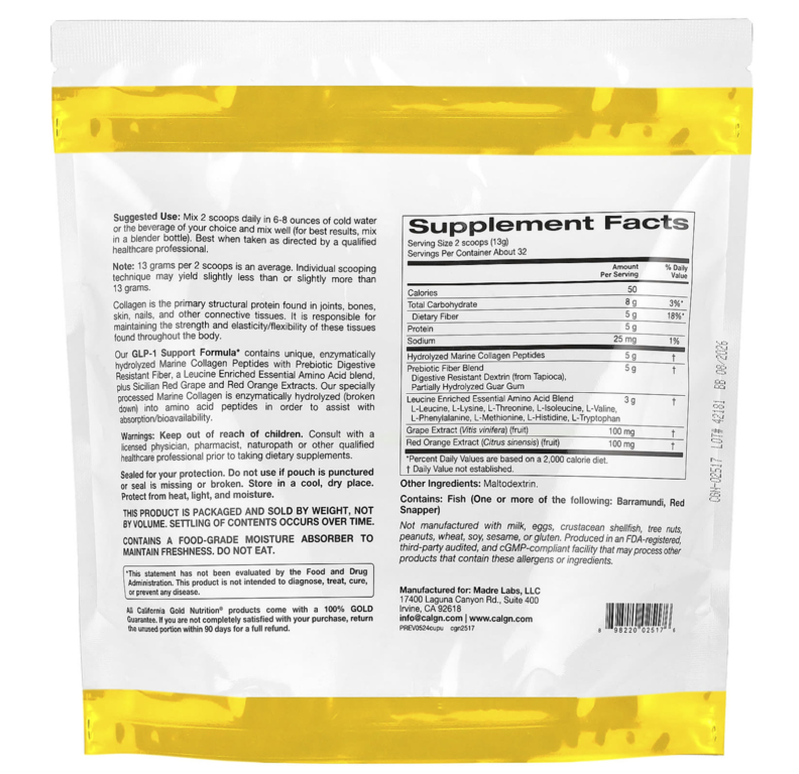 California Gold Nutrition, добавка для поддержания уровня ГПП-1 с пептидами гидролизованного морского коллагена, смесью пребиотической клетковины, устойчивой к расщеплению, и смесью незаменимых аминокислот, обогащённой лейцином, с нейтральным вкусом, 410 